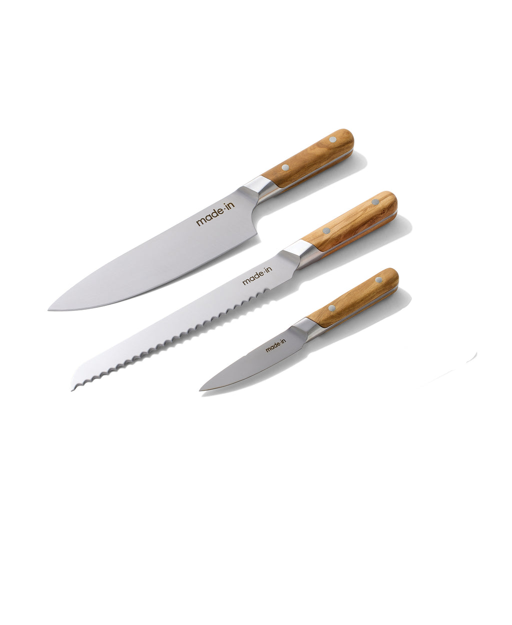 Knife Block and Knife Set in Olive Wood, Set of 3
