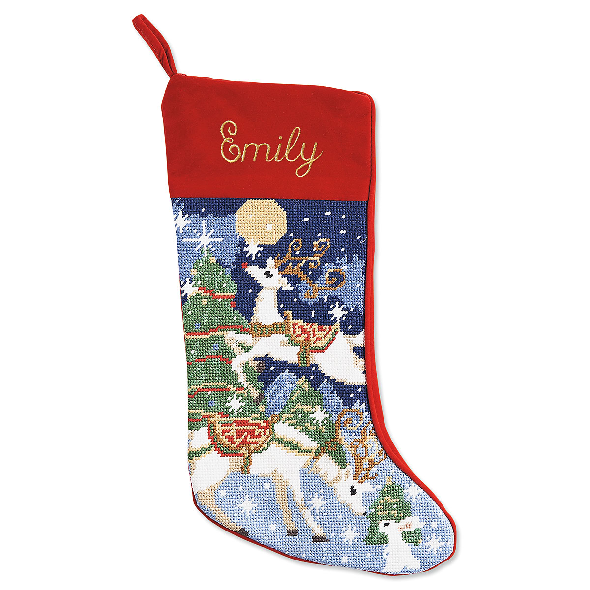 "Kate" Reindeer Heirloom Needlepoint Personalized Christmas Stocking