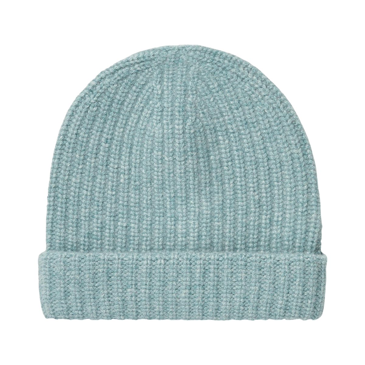 Front view of Simply Seafoam Cashmere Beanie showcasing its textured knit and folded cuff against a black background