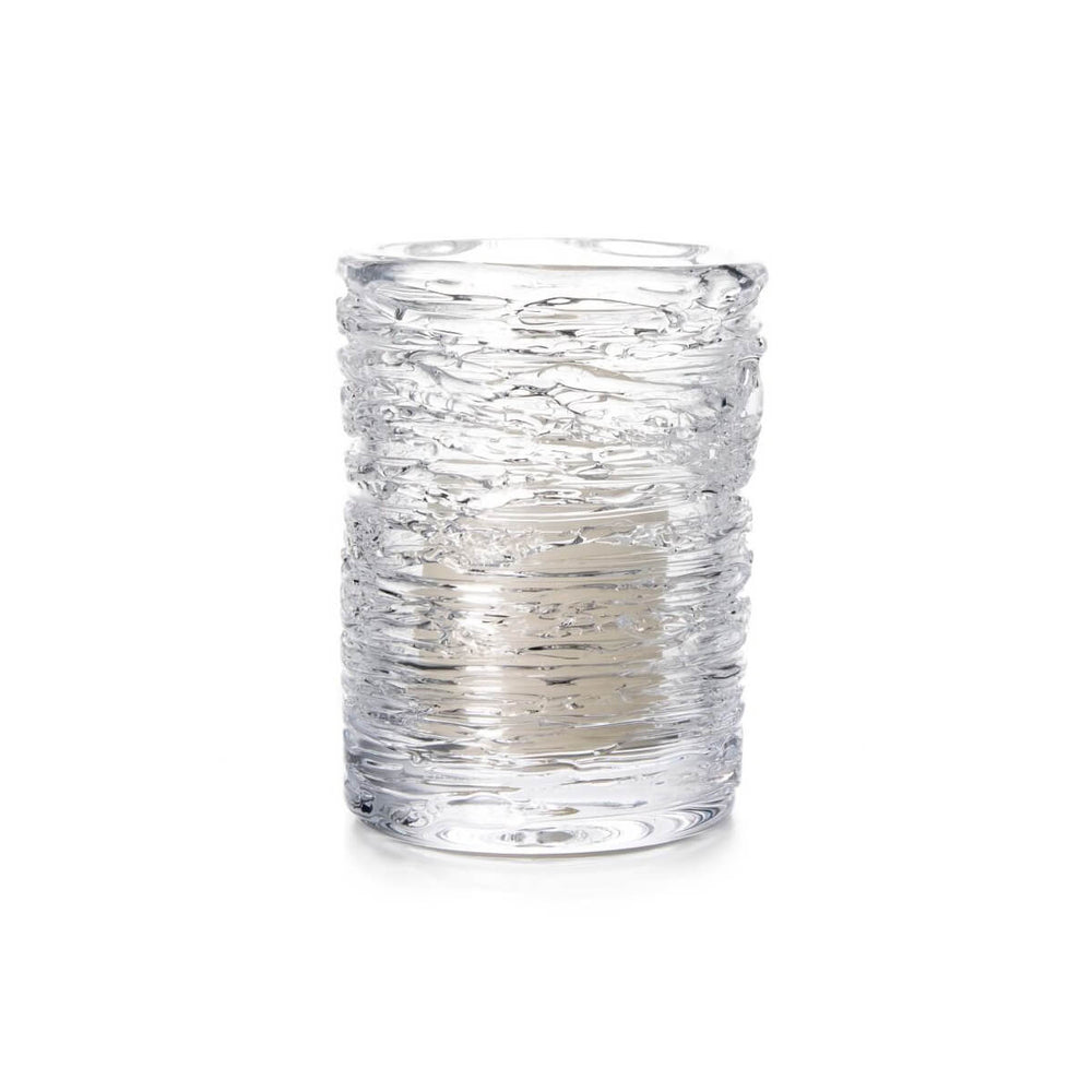 Front view of Echo Lake Hurricane glass candle holder showcasing handblown crackle texture with a lit pillar candle on a white background