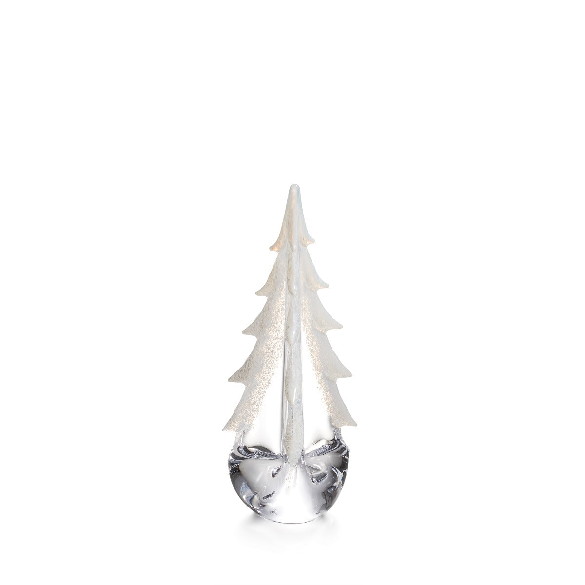Front view of Snowy Branches Evergreen glass tree with white sand-dusted edges and textured snowy finish on white