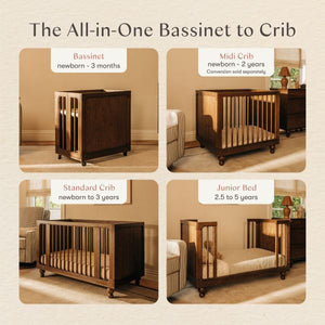 Product diagram showing The All-in-One Bassinet to Crib in four configurations from bassinet to junior bed
