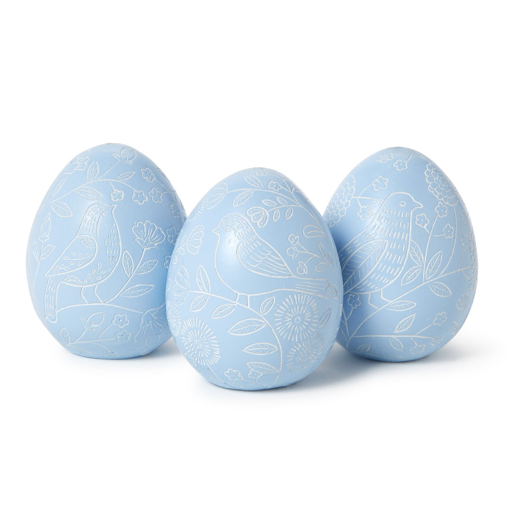 Blue Egg with Hand-Carved Bird Scene Decor, Set of 3