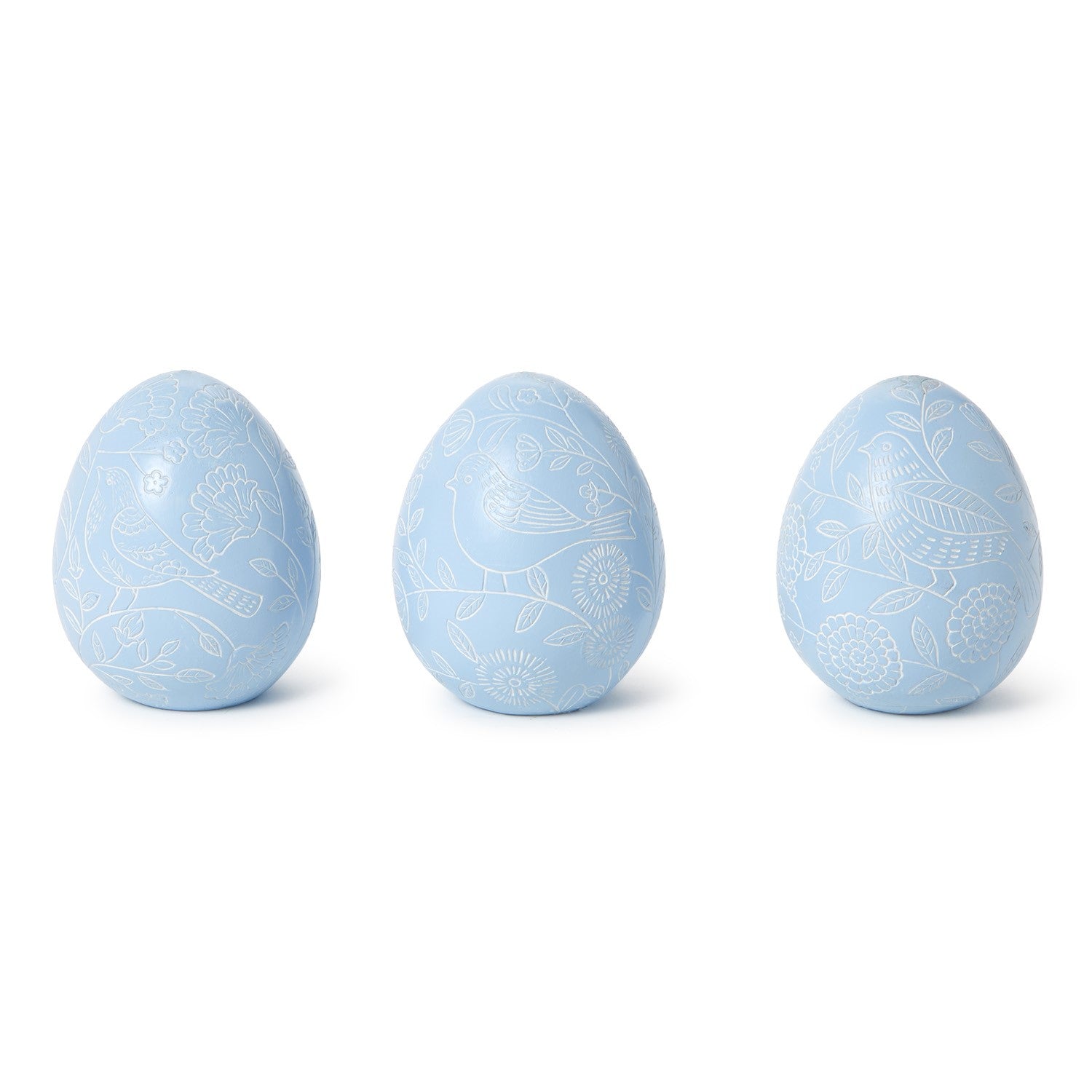 Blue Egg with Hand-Carved Bird Scene Decor, Set of 3