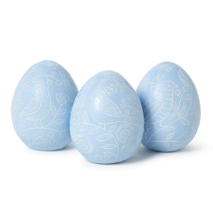Blue Egg with Hand-Carved Bird Scene Decor, Set of 3