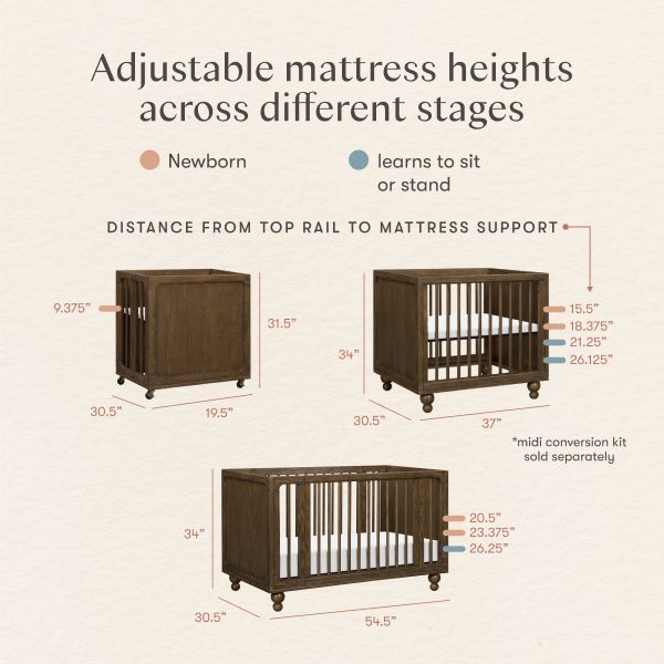 Infographic showing adjustable mattress heights for newborn and learning-to-sit-or-stand stages