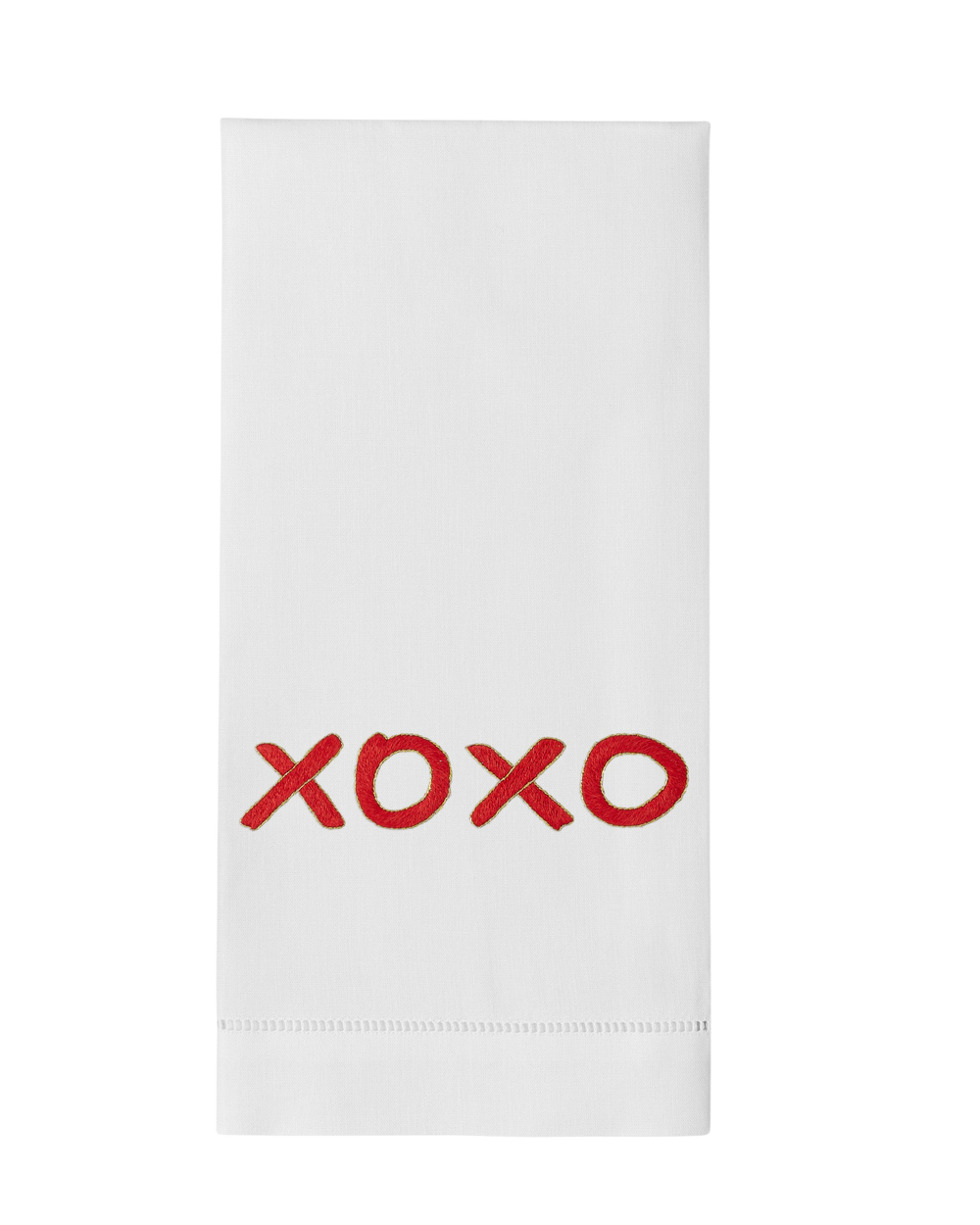 Front view of white cotton XOXO hand towel showcasing red embroidered XOXO and hemstitch border on black background