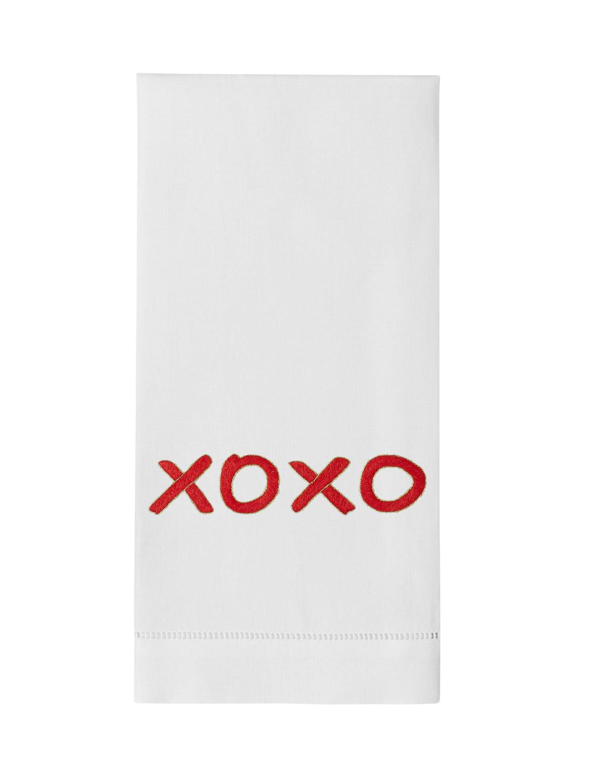 Front view of white cotton XOXO hand towel showcasing red embroidered XOXO and hemstitch border on black background