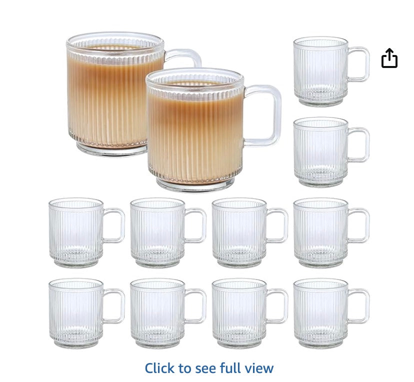 12 PACK Premium Glass Coffee Mugs with Handle, 12 OZ Classic Vertical Stripes Glass Coffee Cups, Transparent Tea Cup for Hot/Cold Beverages, Glassware Set for Americano, Latte, Cappuccino