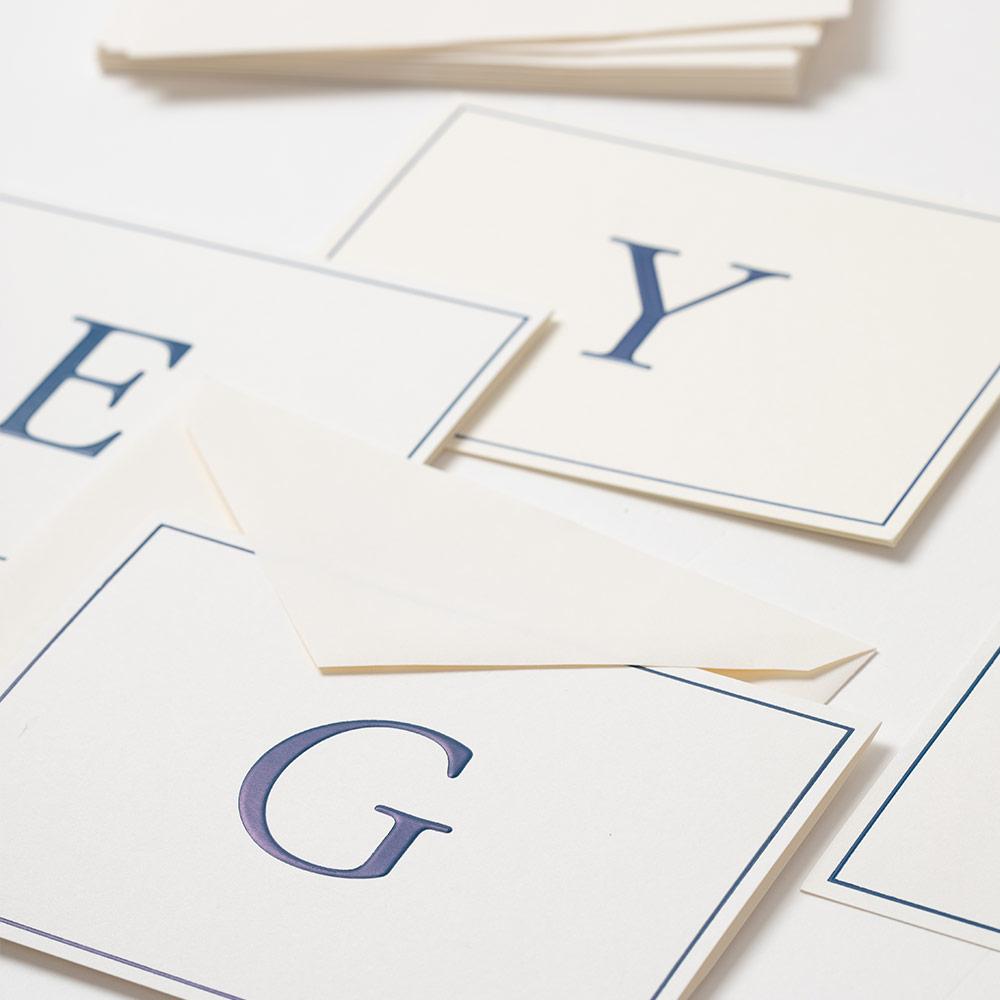 Navy Embossed Single Initial Boxed Note Cards, Set of 8