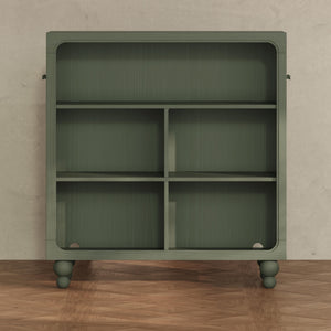 Front view of Astre Assembled Bookcase by Nate Berkus in Archival Elm showcasing five open compartments and rounded corners