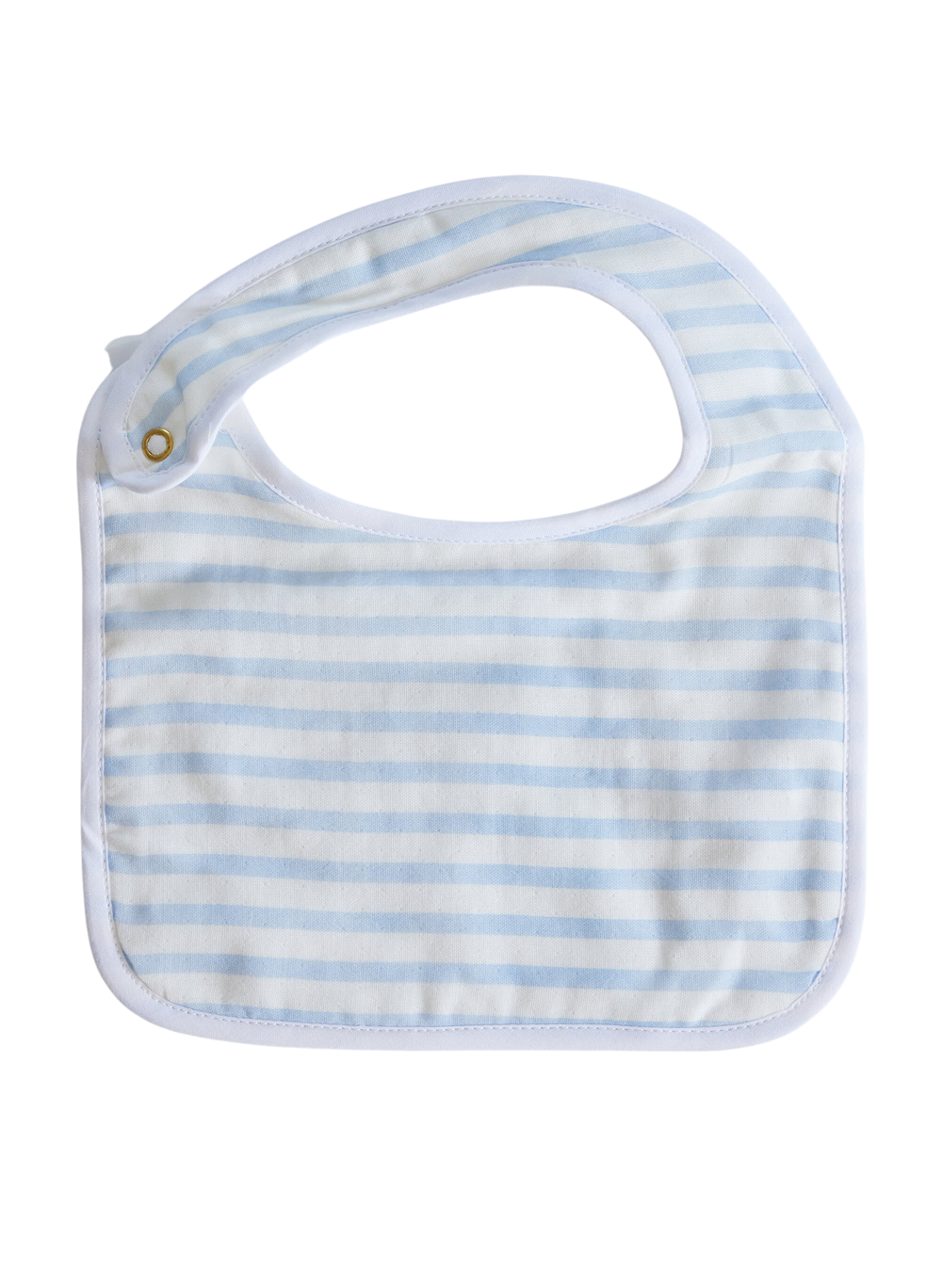 Flat lay of sand and white striped baby bib showcasing snap closure and soft cotton terry backing on plain background
