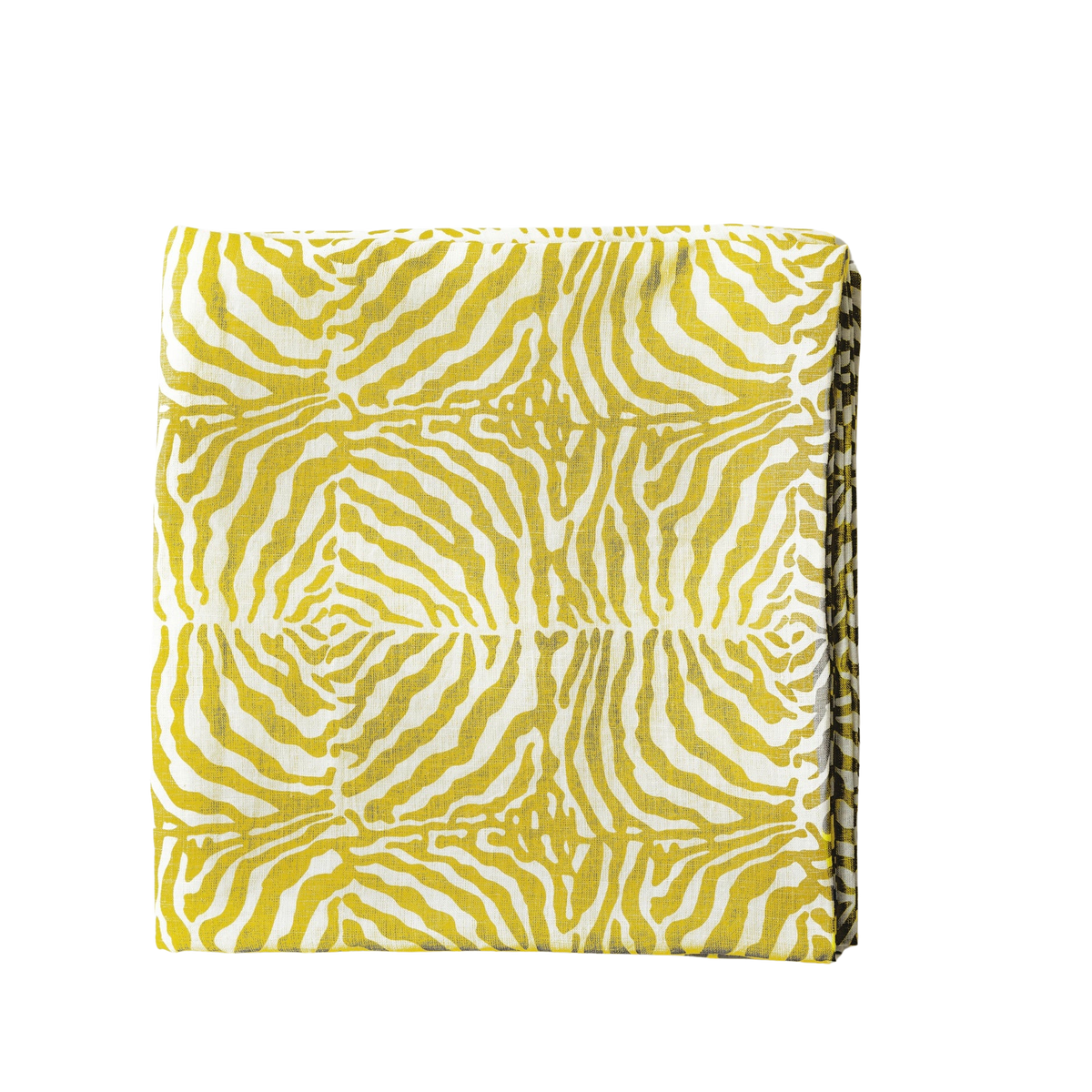 Folded view of Zebra Yellow Tablecloth in Linen showcasing its yellow and white zebra stripe pattern on a black background