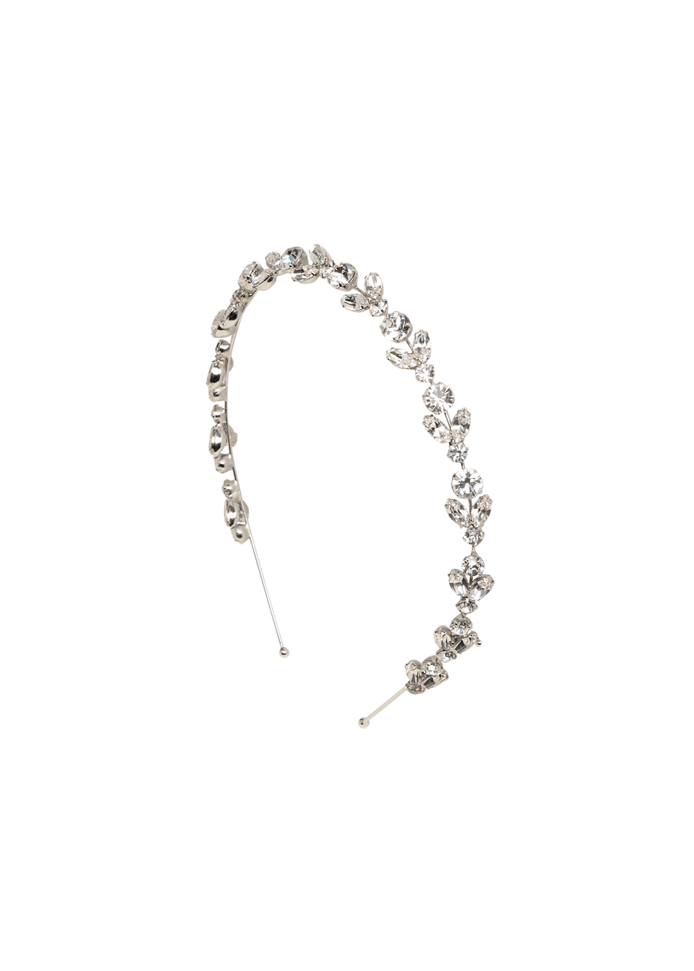 Front view of Kyra Tiara in Crystal showcasing faceted crystal floral embellishment and wire headband on black background