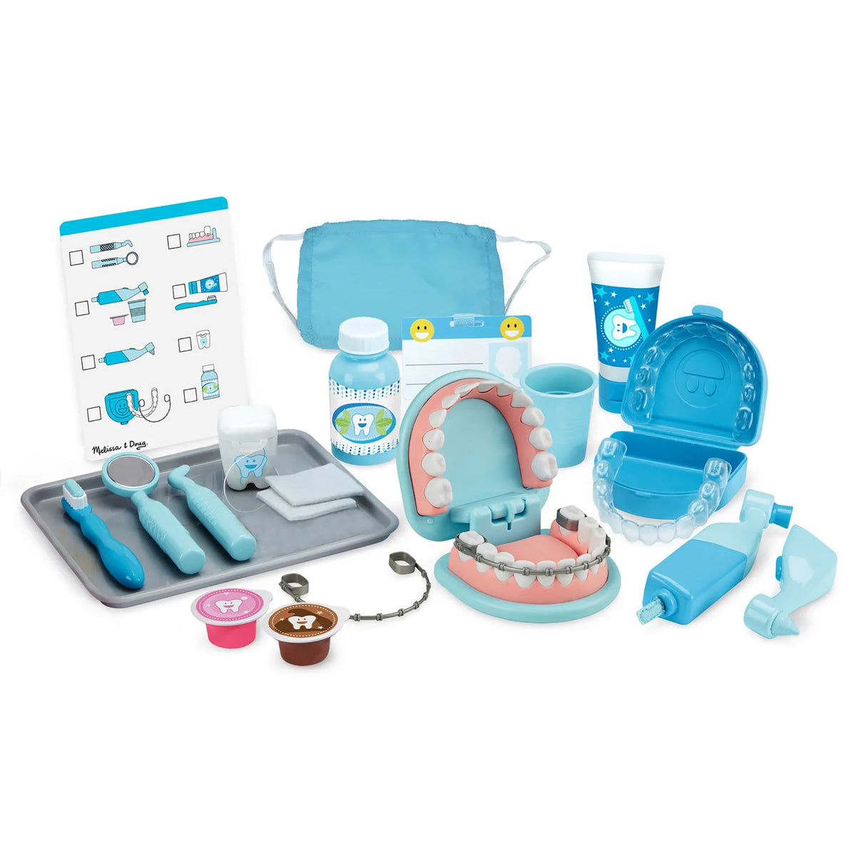 Front view of Super Smile Dentist Play Set showcasing model teeth, dental tools, and pretend dental accessories on white background