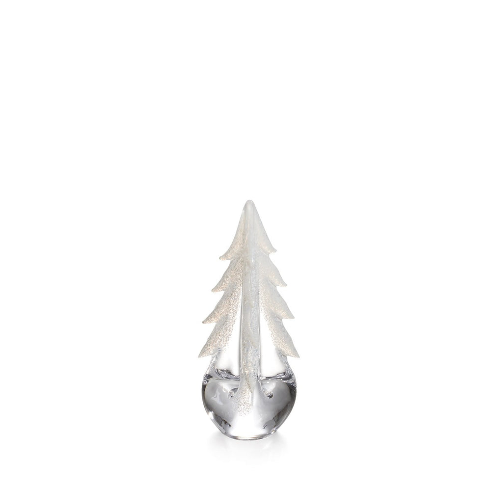 Front view of Snowy Branches Evergreen glass tree showing white sand detailing along textured edges on white background