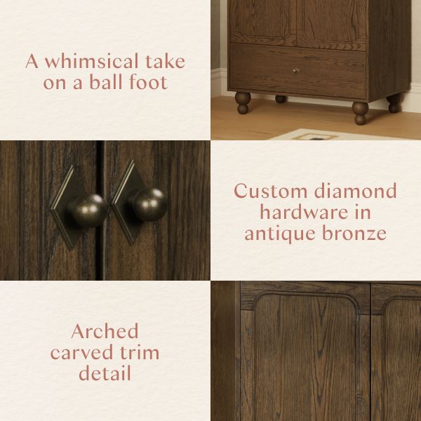 Product feature collage showing a toffee armoire with ball feet, antique bronze diamond hardware, and arched carved trim