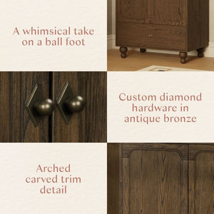 Product feature collage showing a toffee armoire with ball feet, antique bronze diamond hardware, and arched carved trim
