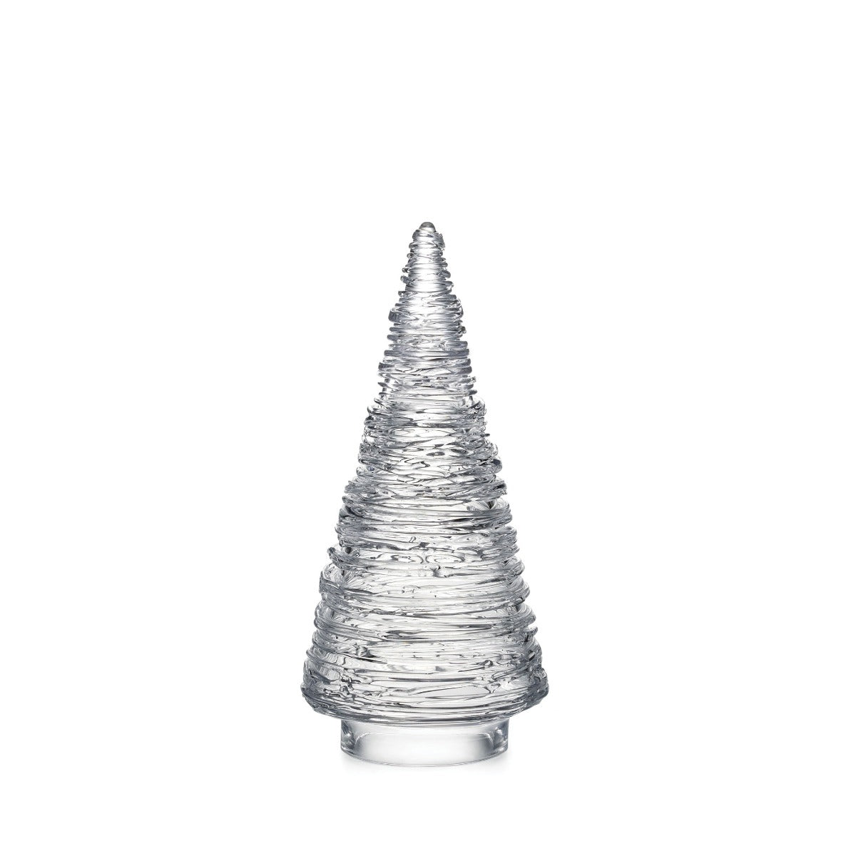 Front view of Echo Lake Evergreen showcasing handblown glass strands wrapped around a conical core with a white background