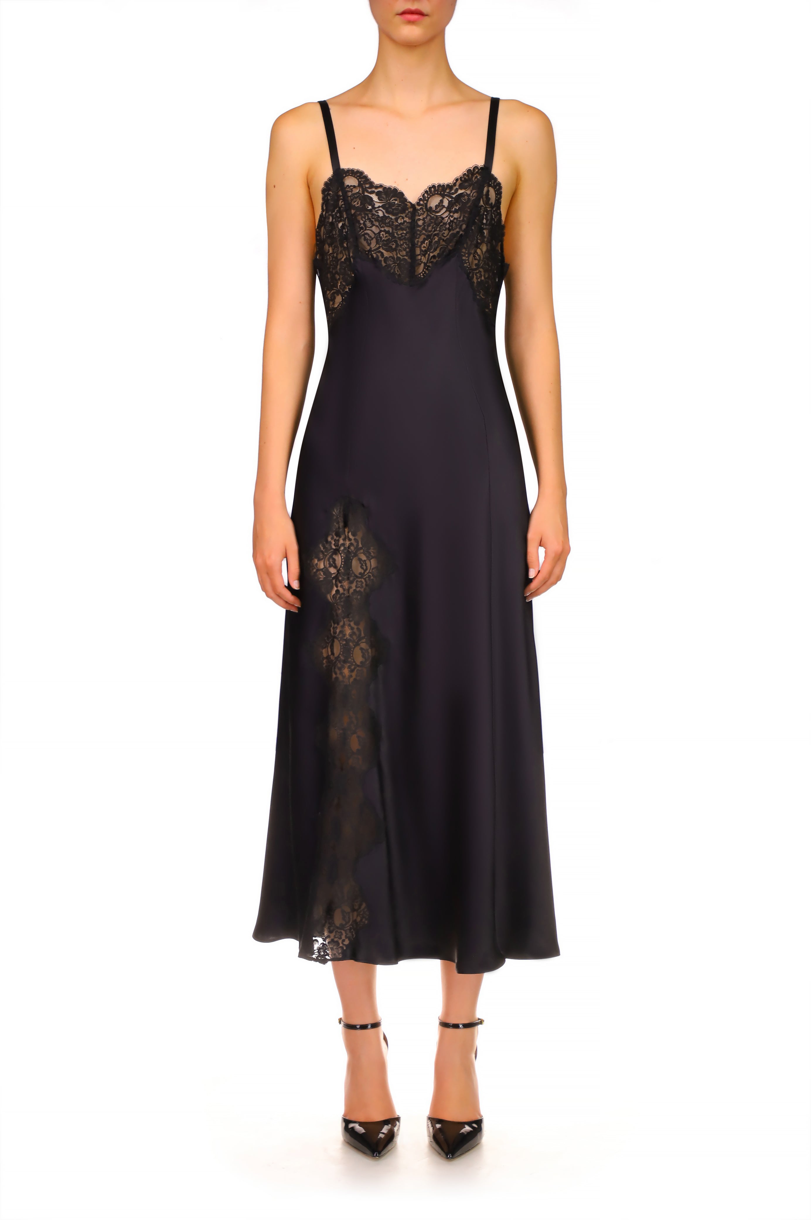 Black Silk Satin And Lace Bias Slip Dress