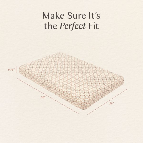 Mini crib sheet diagram with 38 by 24 by 0.75 inch measurements and text Make Sure It’s the Perfect Fit