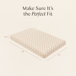 Mini crib sheet diagram with 38 by 24 by 0.75 inch measurements and text Make Sure It’s the Perfect Fit