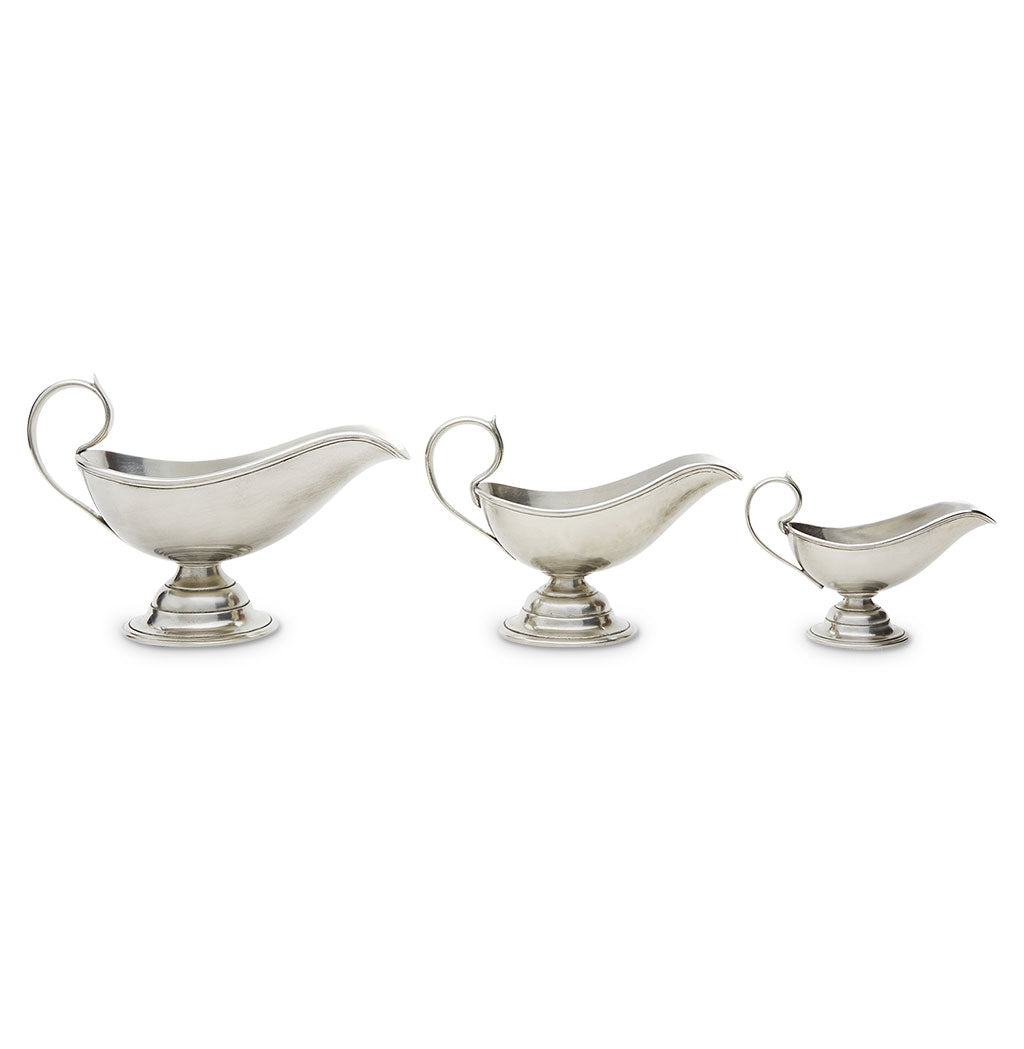 Front view of Gravy Boat showcasing pewter finish, curved spouts, and loop handles in three sizes on white background