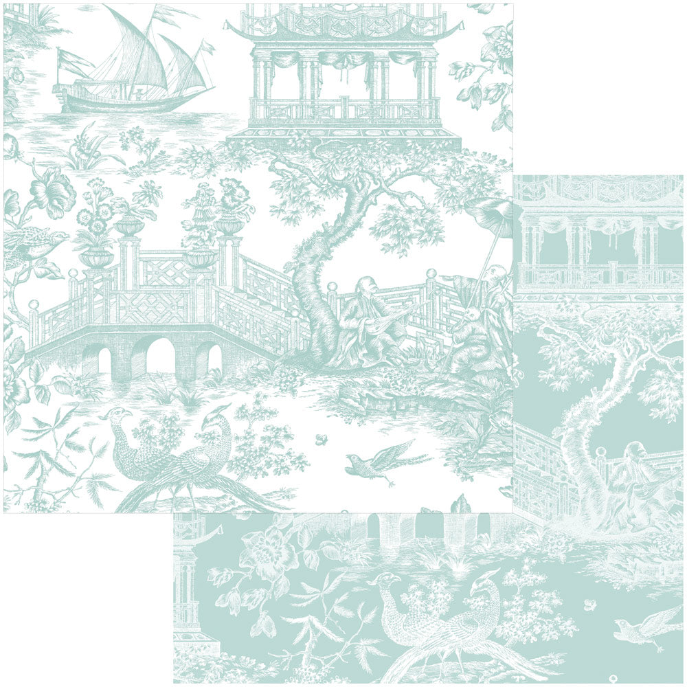 Chinoiserie Toile Reversible Gift Wrapping Paper in Robin's Egg, 30" x 8' Roll