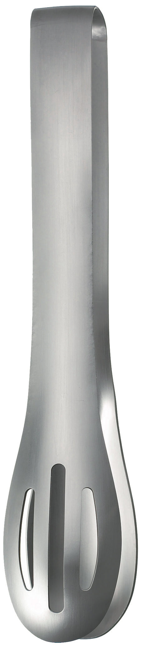 Front view of EAtCo HASAM stainless steel serving tongs showing slotted spoon ends and curved tapered tips on white background