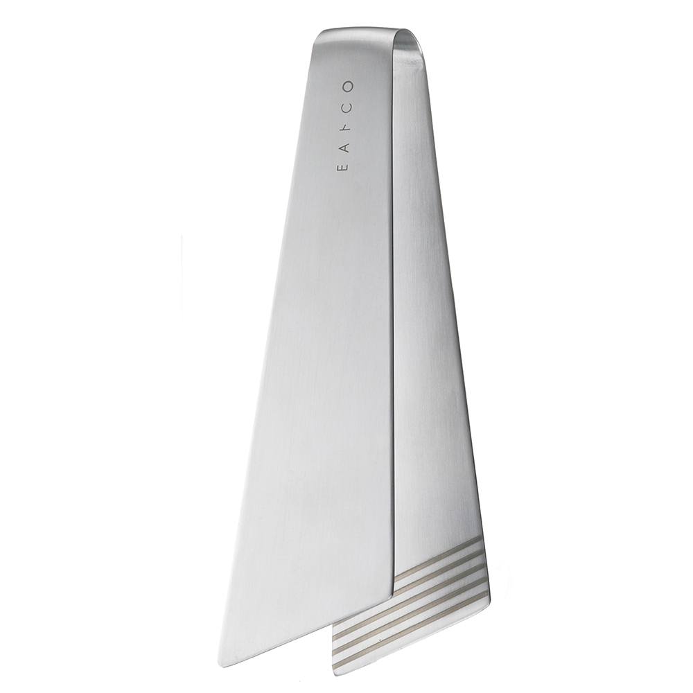 Front view of EAtCo TSUKAM tongs showcasing slim tapered tips and brushed stainless steel finish on white background