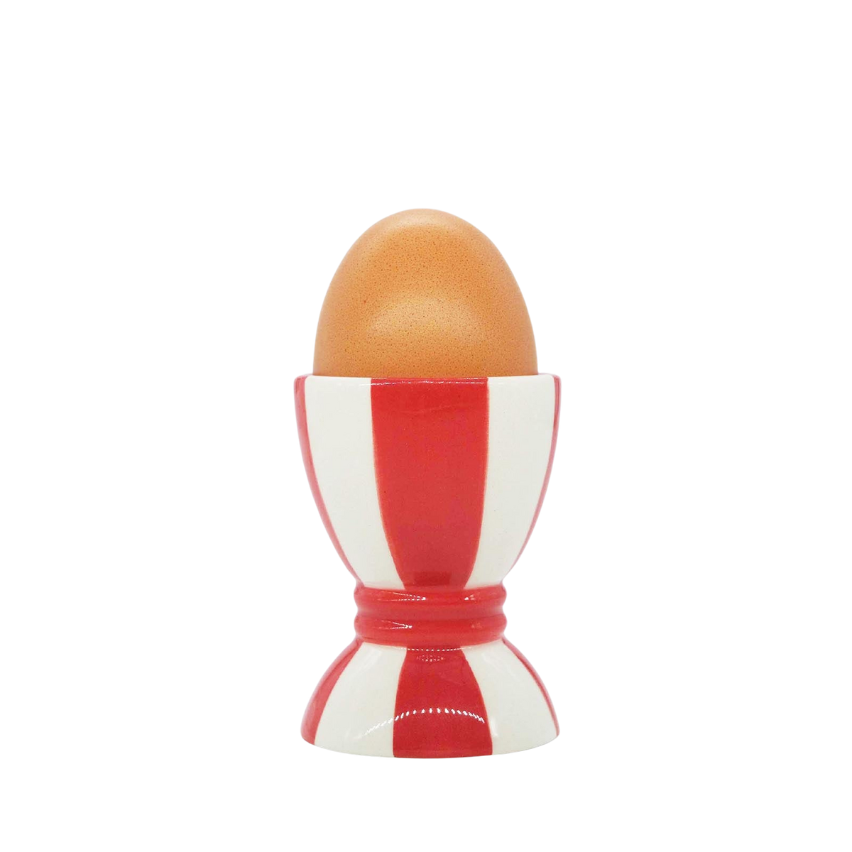 Front view of the red and white striped ceramic egg cup holding an egg against a black background
