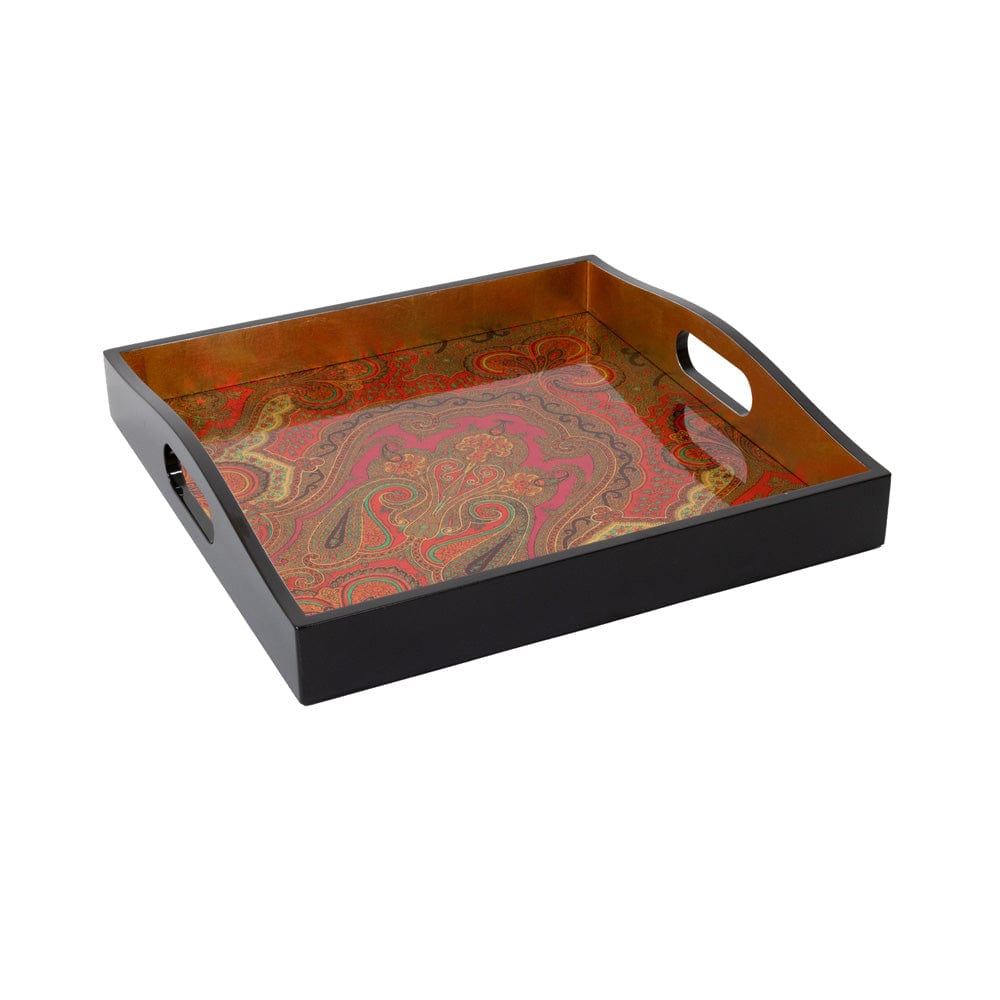 Angled top view of Jaipur lacquer square tray showing fuchsia paisley interior with gold leaf accents and black frame on white background