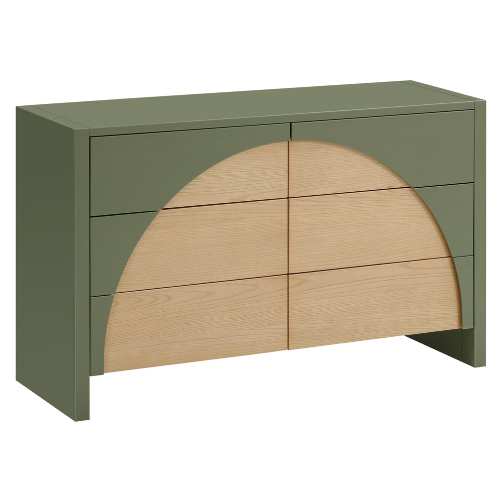 Angled front view of Moab 6-drawer dresser showcasing arched ash drawer fronts and hidden handles on white background