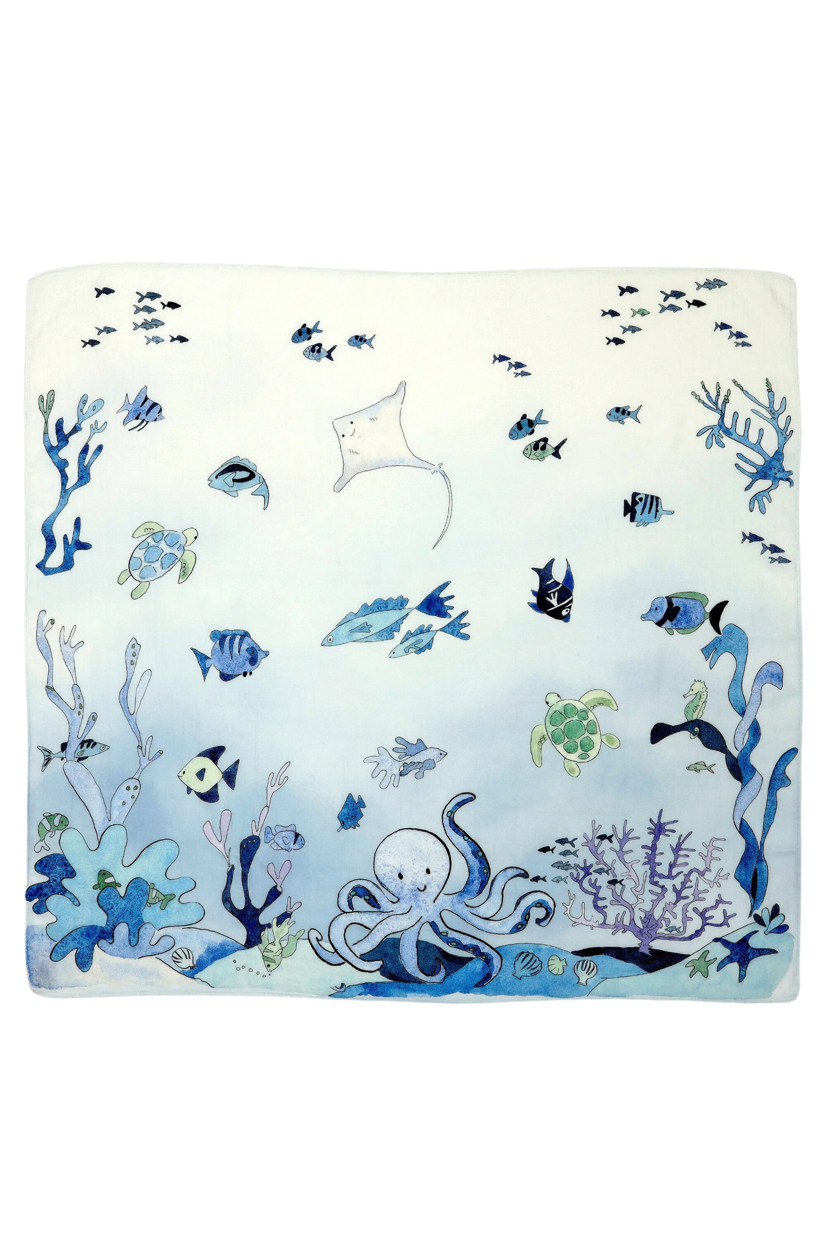 Front view of Under the Sea Shawl Blanket showcasing ocean creatures on a pale blue and white background