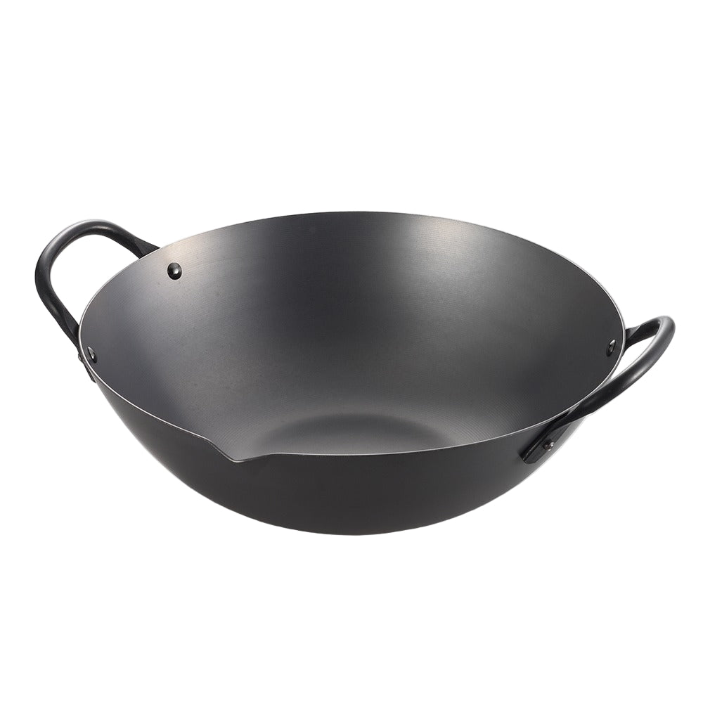 Top down view of 36cm black carbon steel Canton wok with rounded base and two loop handles on white background