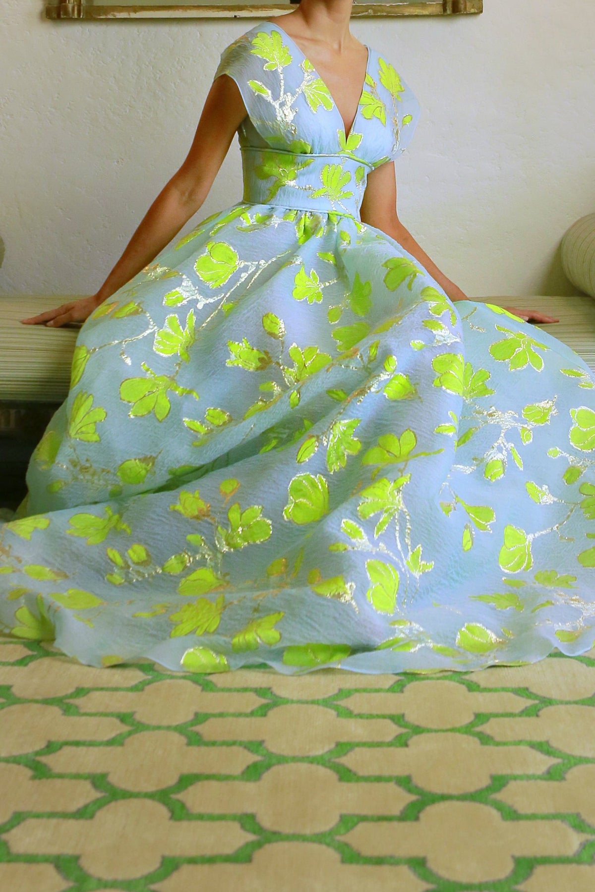 V Neck Full Skirt Waist Gown in Aqua, Gold, and Chartreuse | Over The Moon V Neck Full Skirt Waist Gown in Aqua, Gold, and Chartreuse | Over The Moon