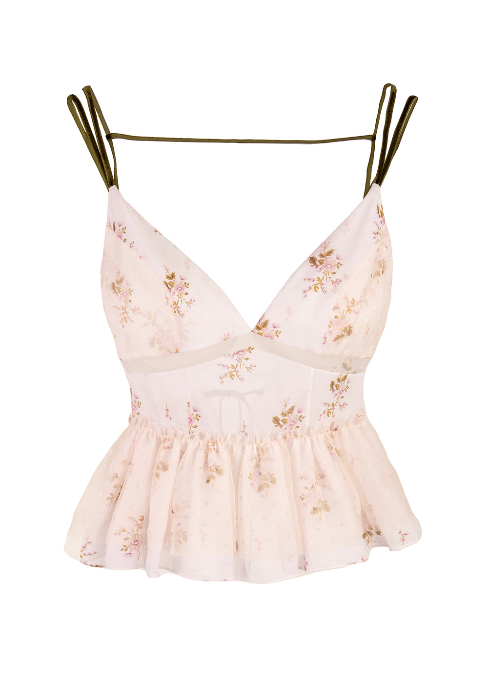 Front view of Bodhi Tank with deep V-neck, double shoulder straps and back tie, flared peplum waist, floral organza on white