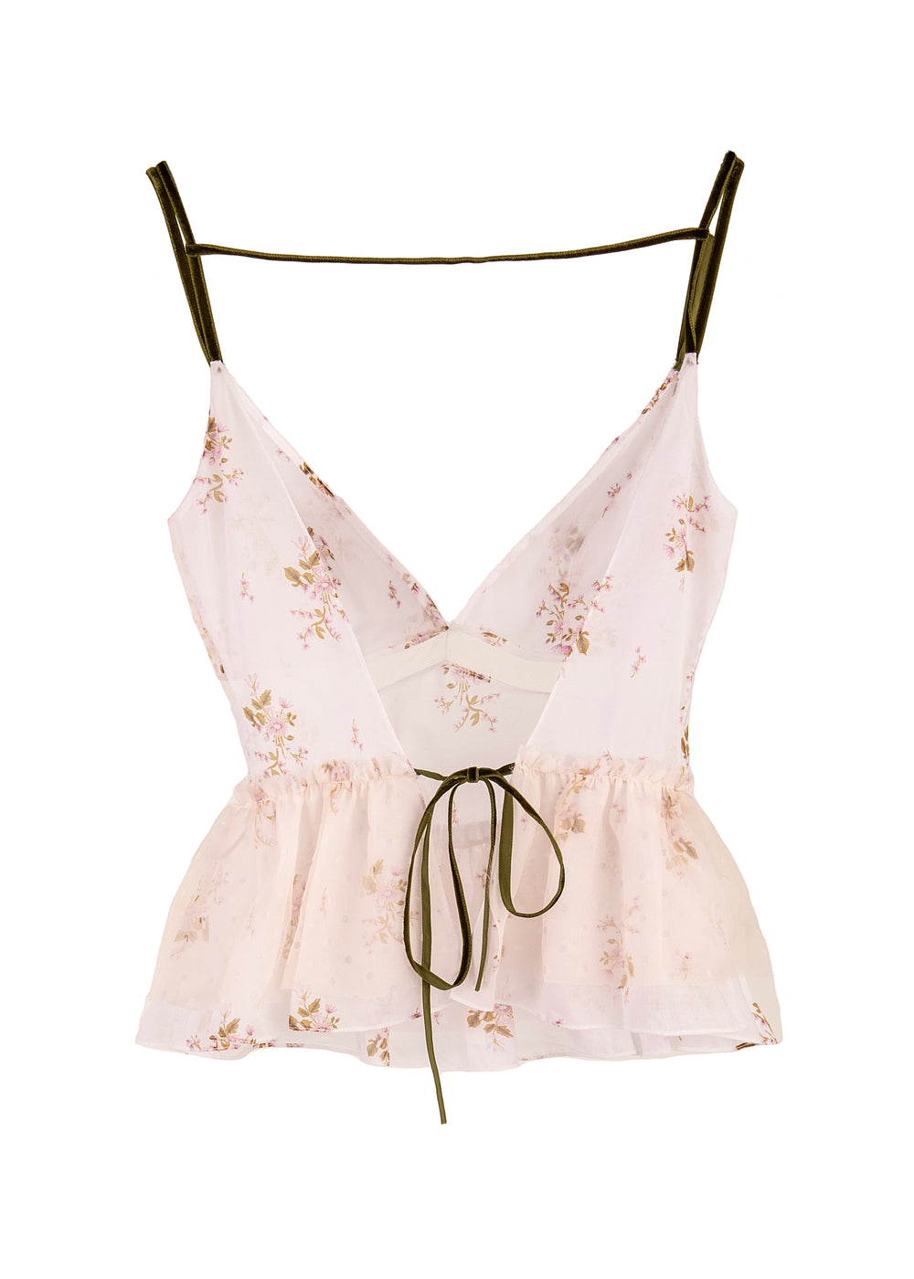 Front of Bodhi Tank showing deep V-neck, adjustable back ties, and flared peplum in pale pink floral voile on white