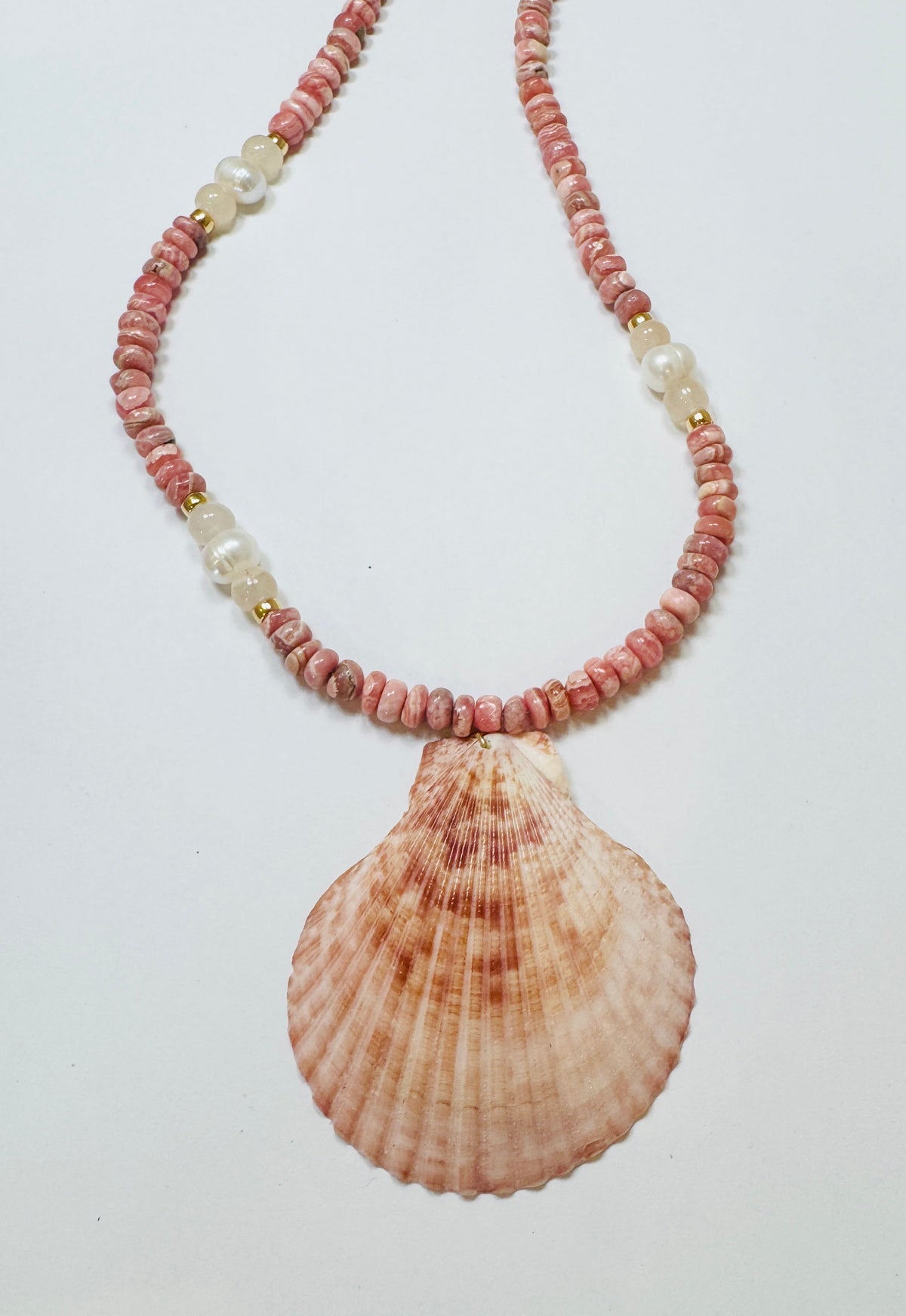 OTM Exclusive: Rhodochrosite, Pearl, And Moonstone Necklace With Cinnamon Brown Shell Pendant