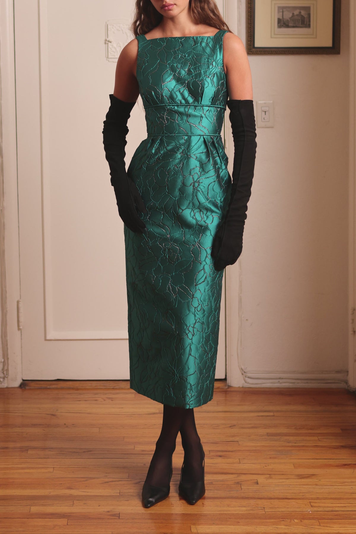 Waist Inset Slim Dress in Teal French Brocade