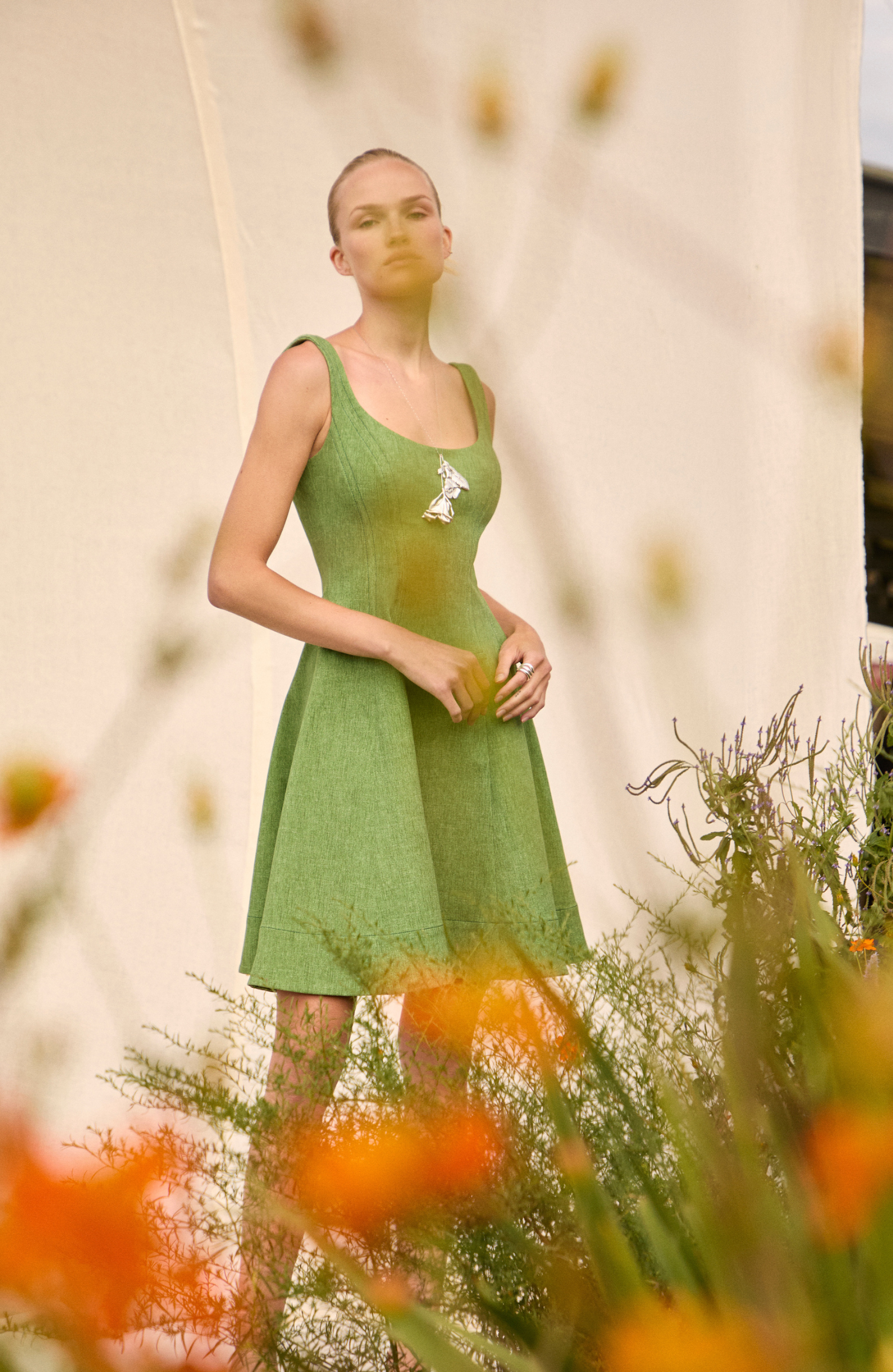 Stretch Denim Seamed Dress in Cactus