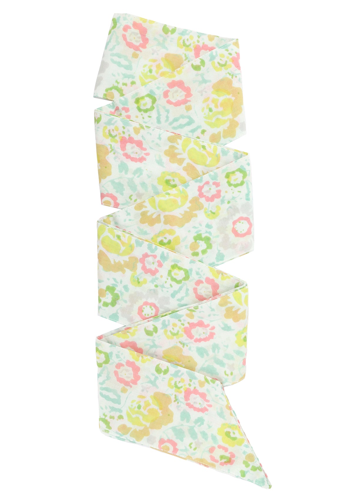 Close-up of the Geranium Sun Hat with pastel floral hat scarf showcasing pink, green, and yellow flowers on white fabric