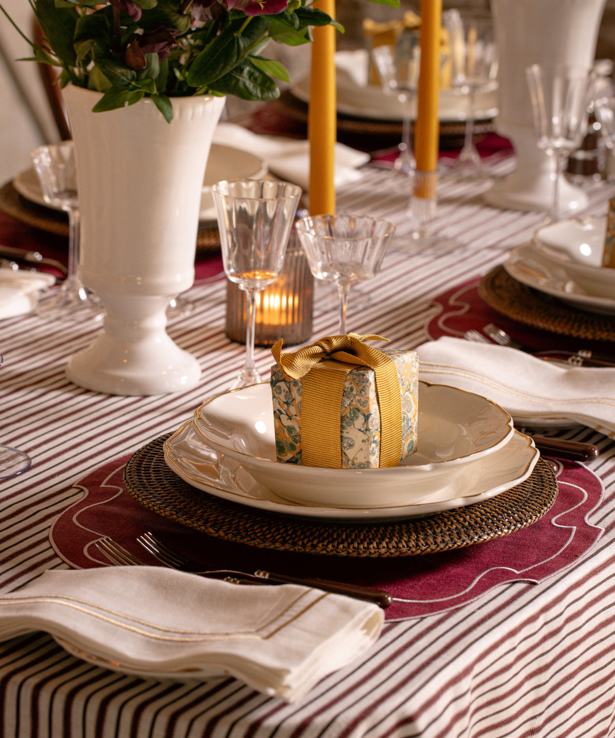 Sophie Classic Two Cord Napkin, Antique Gold with the Rattan Charger