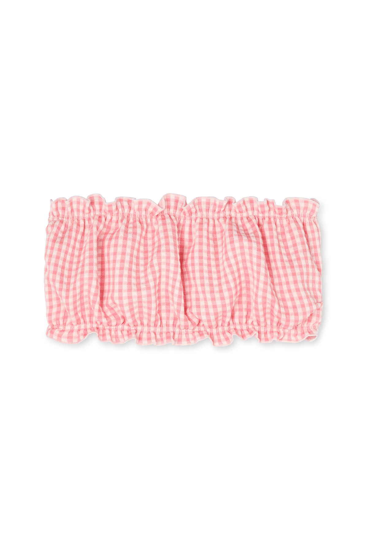 Front view of The Lee Top bandeau showing primrose pink gingham plaid and elasticized ruffled hem on white background