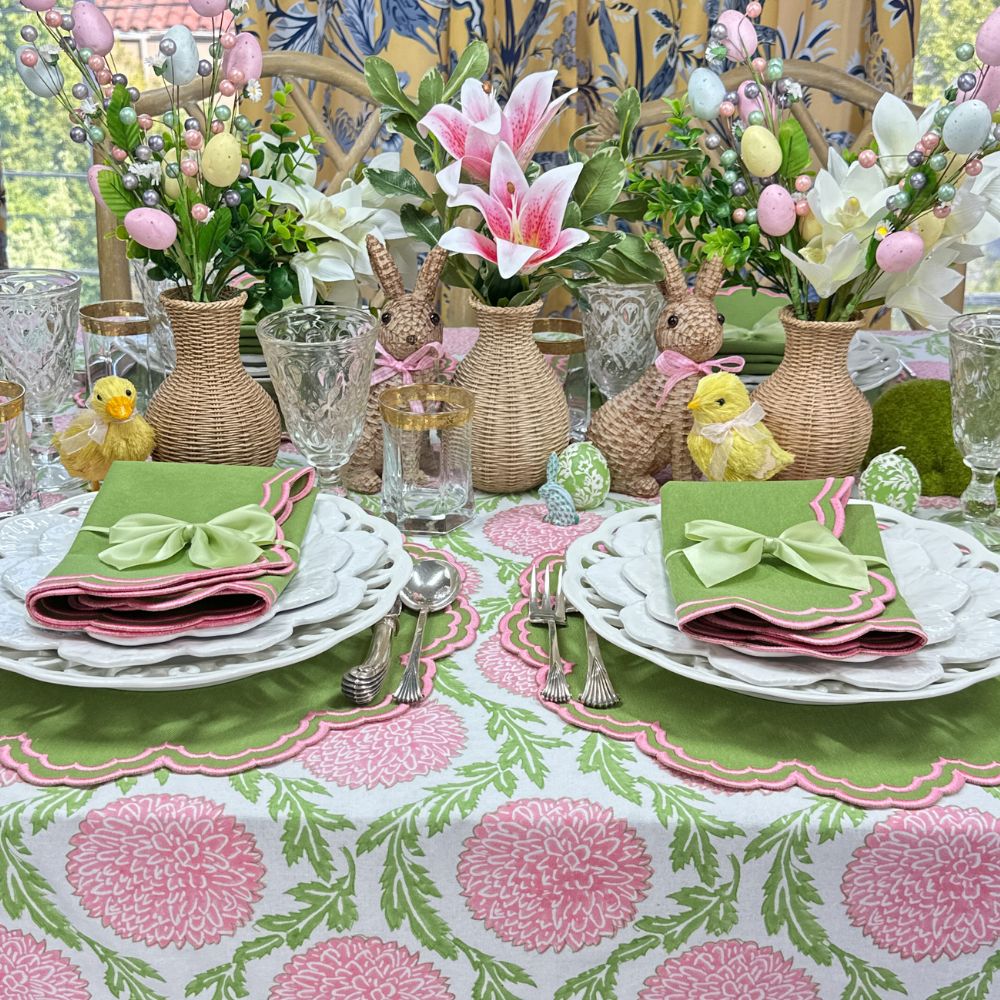 Easter tablescape, Easter placemat , Easter Napkin, green and pink embroidered placemat, green and pink embroidered napkin