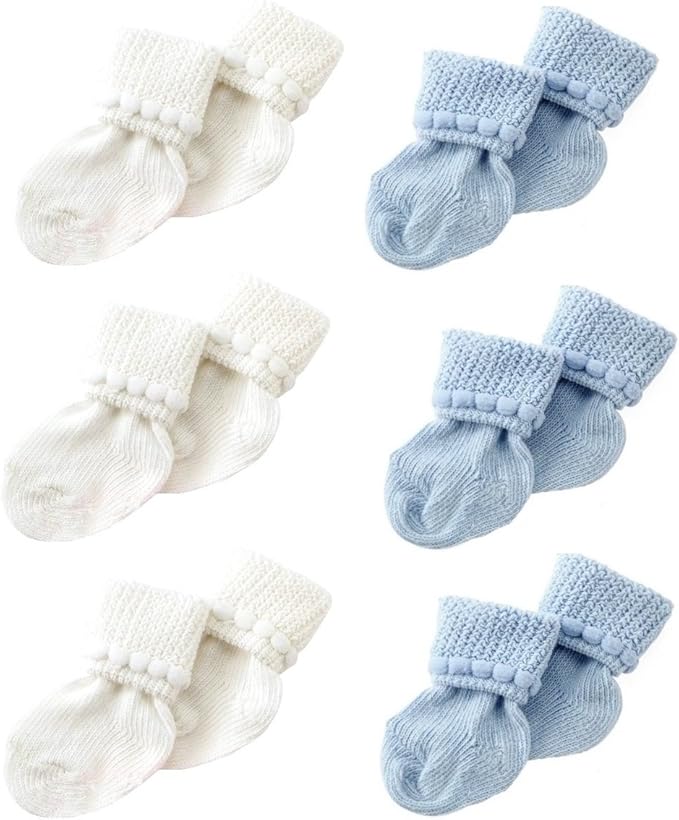6 Pairs Stay-On Baby Socks, Soft Bubble Cuff Cotton Booties 0–3 Months