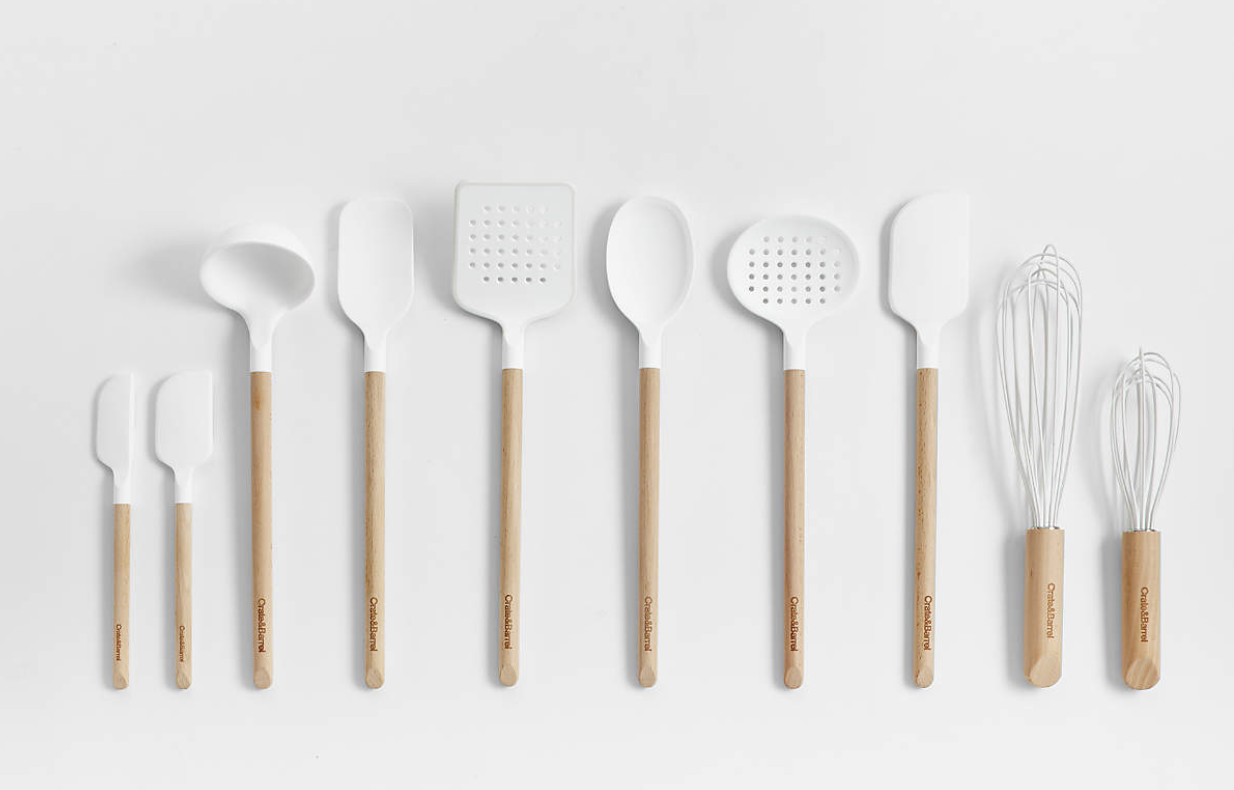 Crate & Barrel Wood and White Silicone Utensils, Set of 10