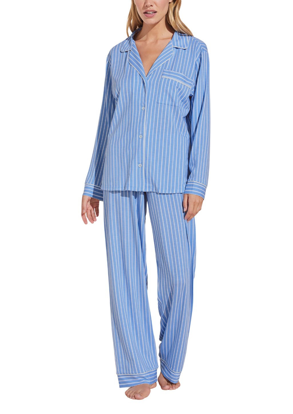 Gisele Printed TENCEL™ Modal Long PJ Set in Nordic Stripes Vista Blue/Ivory