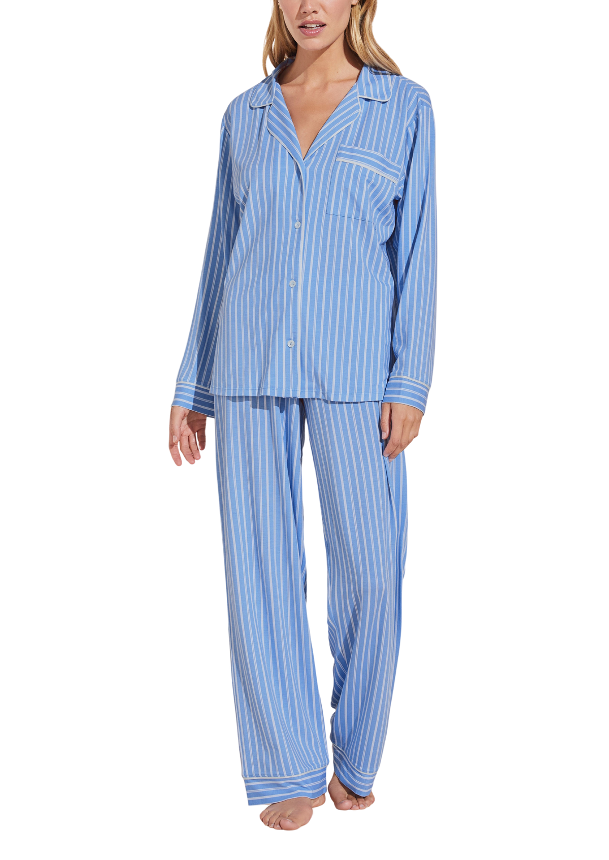 Front view of Gisele Printed TENCEL Modal Long PJ Set in blue and ivory stripes with button front and pocket