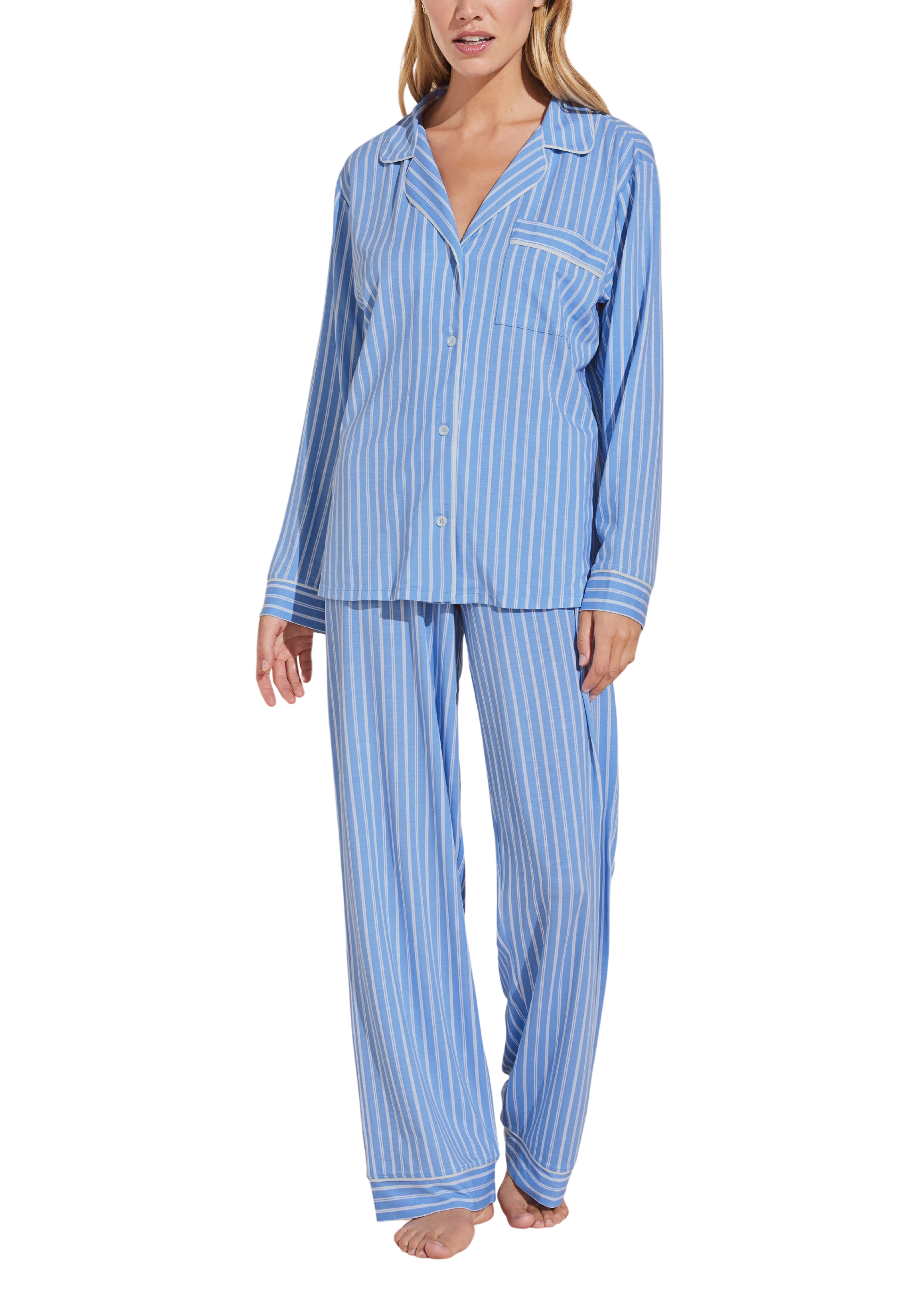 Gisele Printed TENCEL™ Modal Long PJ Set in Nordic Stripes Vista Blue/Ivory